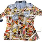 Pastels Clothing Multicolor Feather Blouse with Denim Details Small Red Photo 6