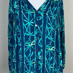 Lilly Pulitzer  Top XS Blue Button Up V-Neck‎ Long Sleeve Tropical Elsa Photo 0
