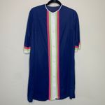 Vintage Button Front Nylon Robe Blue Pink Lime Green White Stripes Sz Small Photo 2