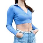 ZARA Ribbed Knit Tennis Preppy Collared Long Sleeve Crop Top Small Photo 0