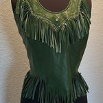 Genuine Green Fringe Rhinestone Studded Scalloped Leather Tie Halter Backless Size L Photo 0