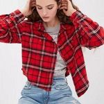 American Eagle 100% Cotton Red Plaid Long Sleeve Cropped Button Up Flannel Sz S Photo 0
