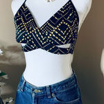 black & gold printed wrap cut out halter bikini top Black Size M Photo 0