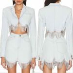 AREA Scalloped Embellished Cropped Denim Jacket in Pale Blue, Size 4, NWT Silver Photo 1