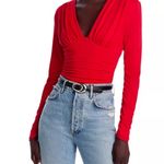 AQUA  Red Long Sleeve Plunge Top Ruched‎ Blouse V Neck Fitted Size S Photo 0