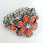 Coral Floral Bling Stretchy Adjustable Silver Tone Cocktail Statement Ring Orange Photo 1