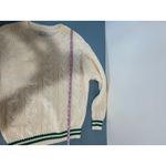 American Eagle cream knit sweater size M green stripes preppy round neck texture Photo 4