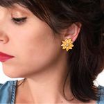 Vintage Enamel Flower Earrings, Yellow and Gold Glitter Floral Orange Photo 2