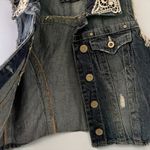 Distressed Ripped Denim Jean Jacket Vest with Crochet Details Blue Size M Photo 4