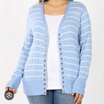 Zenana Plus Lightweight Snap Striped Cardigan Soft Blue White Sweater Size 2x NE Photo 5