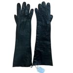 1960s French Cocktail Long Black Leather Ladies Gloves Vintage Below Elbow Photo 5
