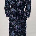 Vintage 80s Floral Print Shirt Dress Peplum Ruffle Faux Wrap Black Purple Small Photo 0
