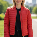 Moncler Rare  Coral Red Perforated Faux Leather Puffer Jacket Size Medium Photo 0