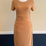 Norma Kamali  Kamali Kulture Crew Neck Shirred Midi Bodycon Dress in Tan Size S Photo 4