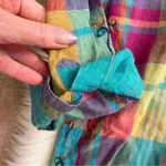 Liz & Co 90’s Rainbow Plaid Button Down with Wavy Floral Embroidery Small Photo 2
