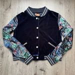 POL  Navy Velvet Bomber Jacket Floral Sleeves Varsity Style Photo 0