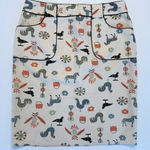 Nanette Lepore Farmhouse Rooster Folk Skirt 100% Silk Sz 10 Pencil Cream Ivory Photo 0