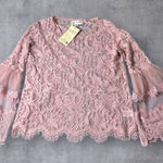 Say What? Say What Top Womens M Pink Lace Bell Sleeve Sheer Romantic Feminine Elegant NEW Photo 0