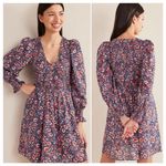 Boden Smocked Bodice Mini Dress Size 12L Blue Floral Long Sleeve Boho Preppy Photo 1