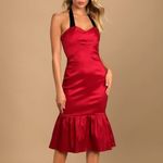 Lulus NWT  Bursting With Beauty Halter‎ Trumpet Midi Dress in Berry Red Size M Photo 8