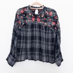ZARA  Womens Blouse Size L‎ Black Plaid Floral Embroidered Boho Grunge Romantic Photo 1