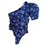 Free People  Purple Floral One Shoulder Puff Sleeve Thong Bodysuit Women's Size M Photo 3