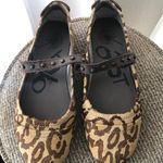 Vintage 100% GENUINE LEATHER fuzzy brown and tan leopard print Mary Jane ballet flats with gold studs ad velcro strap closure Size 6.5 Photo 2