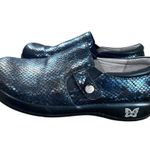 Alegria Kara Leather Blue Snake Skin Mules Womens Size 7.5 Professional Comfort Photo 0