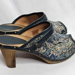 Sanita Clog Mules Womens 38 US 6.5/7 Blue Paisley Wooden Platform Block Heel Photo 1