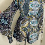 AELSON Women's Boho V Neck Paisley Print Flare Sleeves Romper Concert Sz XL Blue Photo 2