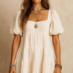 Anthropologie Cream Off-White Square-Neck Puff-Sleeve Tiered Dress – Large Photo 0