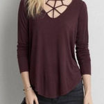 American Eagle  Soft & Sexy Cage Front Long Sleeve T-Shirt Deep Purple Merlot L Photo 0