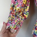 Rixo Floral Multi Color Bias Cut Midi V Neck Zipper Dress Size 6 Puff Sleeves Yellow Photo 4