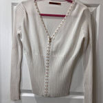 Bellini Ribbed Form Fitting White Cardigan with Gold Accents Photo 0