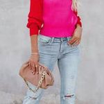 VICI NEW- ROZIE COLORBLOCK CROP KNIT CUTOUT SWEATER - RED PINK Photo 2