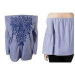 INC International Concepts Sweet Meadow Striped Embroidered Casual Top Sz 1X Blu Photo 1