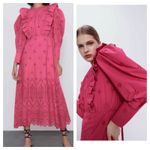ZARA  Eyelet Pink Fushia Maxi Dress Cotton Poplin Long Puff Sleeve Small 7521/107 Photo 8