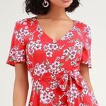 Lulus LULU’S Bethany Coral Red Floral Print Short Sleeve Romper Photo 0