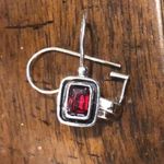 Vintage Emerald Cut Red Garnet Gemstone and Sterling Silver Drop Earrings Photo 0
