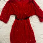 Elegant Red Knit Dress with Pearl Accents Photo 4