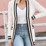 CAbi  Ribbed Radcliffe Cardigan Sweater Navy Blue Cream Small Photo 0