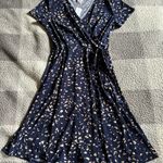 Stitch Fix Kailegh () Small Navy Blue with Beige Print Faux Wrap Dress NWT Photo 0