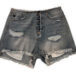 Kancan Distressed Denim Shorts Frayed Hem High Rise Button Fly Size S NWT Blue Photo 0