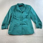 Lafayette 148 Sz 6 Evening Jacket Satin Teal Ruched Gather Button Up 3/4 Sleeve Blue Photo 1
