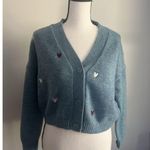 Witty Fox Ditzy Floral Small Blue Cropped Button Sweater Embroidered Hearts Photo 0