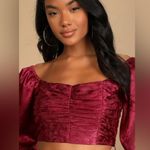 Lulus NWT Whirlwind Romance Burgundy Satin Floral jacquard Two piece set. Photo 5