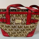 Michael Kors Brown Tan Beige Red Leather Logo Print Designer Satchel Handbag Purse Pocketbook Bag ♥️✨ Photo 0