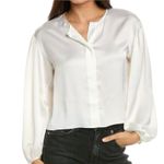 frame denim NWT Frame Cropped Volume Sleeve Blouse Button Cream Satin Womens Size Medium Photo 0