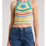 MOTHER The Cinch Candy Stripe Crochet Halter Crop Top Tie Back XS Festival Boho Photo 0