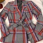 7th Avenue Blazer Jacket Gray Purple Red‎ Plaid Notch Lapel Belted Size 4 Red Photo 6